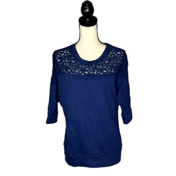 A.n.a. Blue 3/4 Sleeve Lace Yoke Round Neck Cotton-Blend Top Size Small - Picture 7 of 7